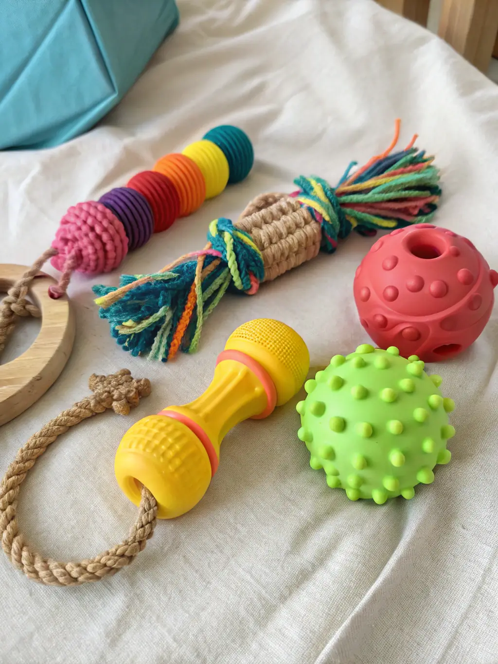 An engaging image featuring a selection of top-rated eco-friendly pet toys made from recycled or sustainable materials.
