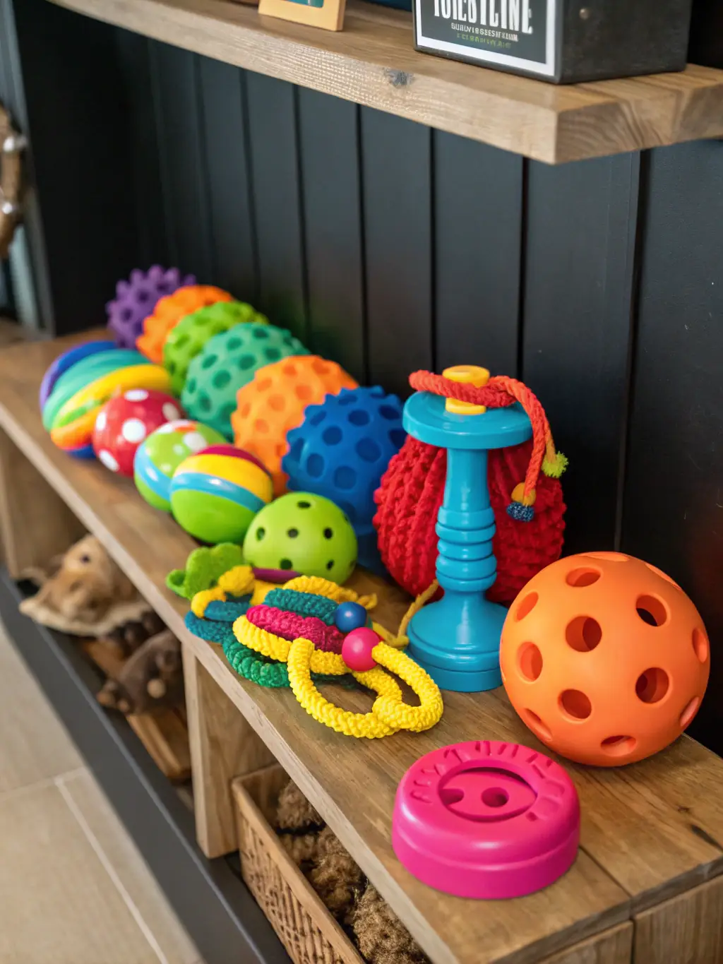 A visually appealing image of various types of eco-friendly dog toys made from sustainable materials like hemp and recycled plastic, arranged on a natural wood surface.