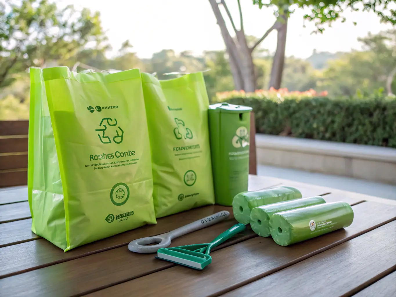A close-up shot of biodegradable poop bags in a natural setting, emphasizing their eco-friendly composition and responsible disposal.