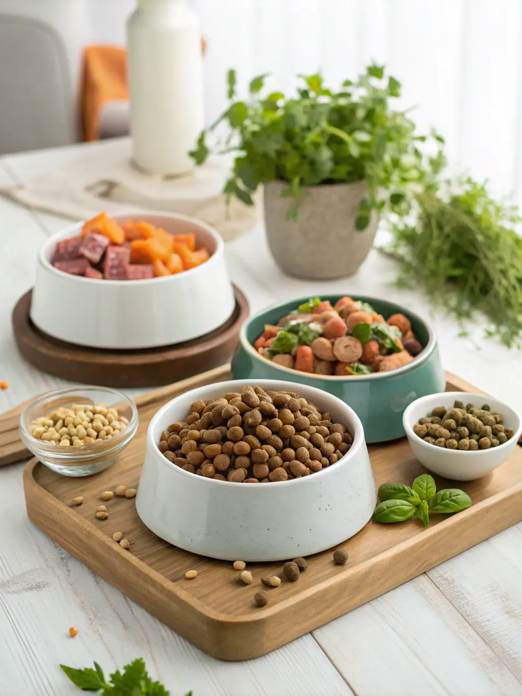 A picture of a variety of vegan pet treats made from plant-based ingredients, attractively arranged to showcase their natural colors and textures.
