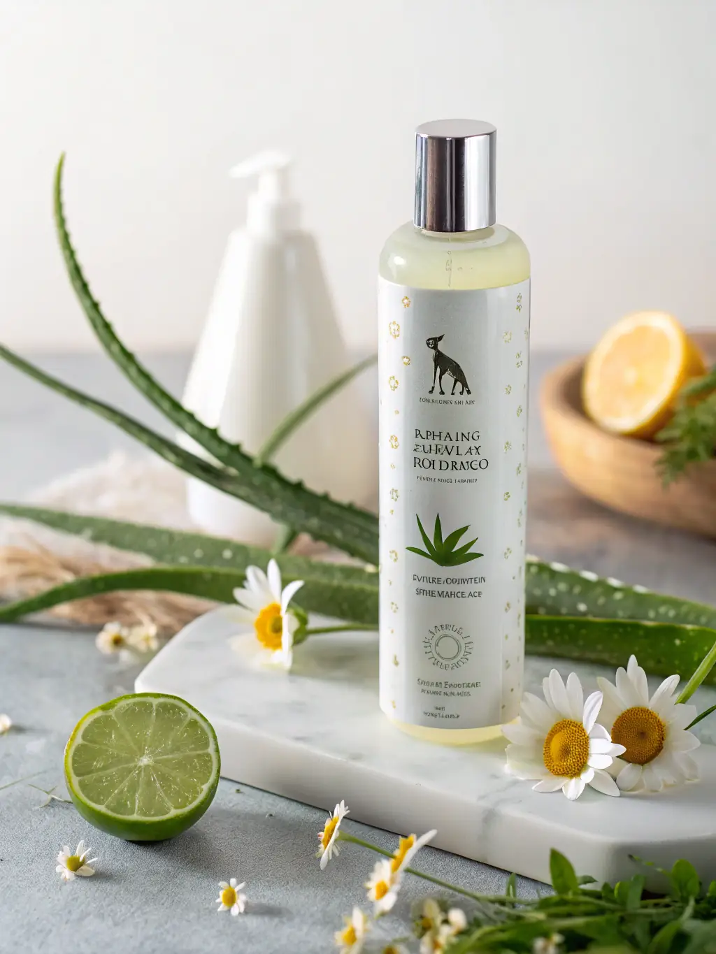 An image showcasing a selection of plant-based and organic pet shampoos and grooming products, emphasizing natural ingredients and eco-friendly packaging.
