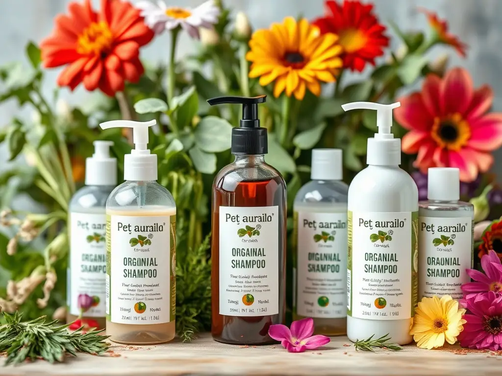 An attractive image featuring a selection of plant-based dog shampoos, highlighting their natural ingredients and eco-friendly packaging.